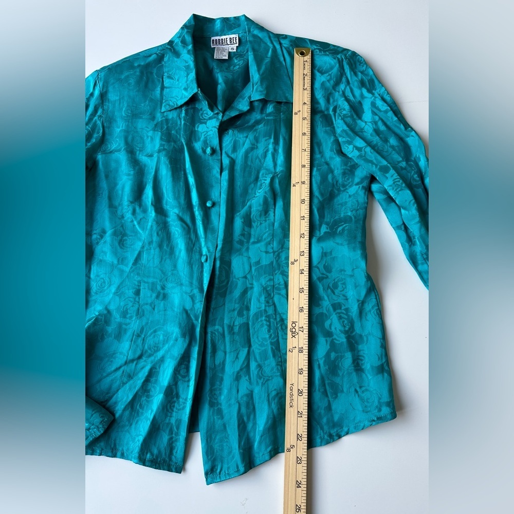 Vintage Robbie Bee Teal Blue 100% Silk Button Front Long Sleeve Top Womens Small - Picture 4 of 6